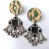 Ikat Fabric & Black Metal Chandelier Earrings