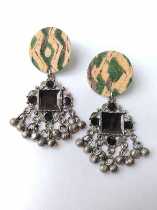 Ikat Fabric & Black Metal Chandelier Earrings