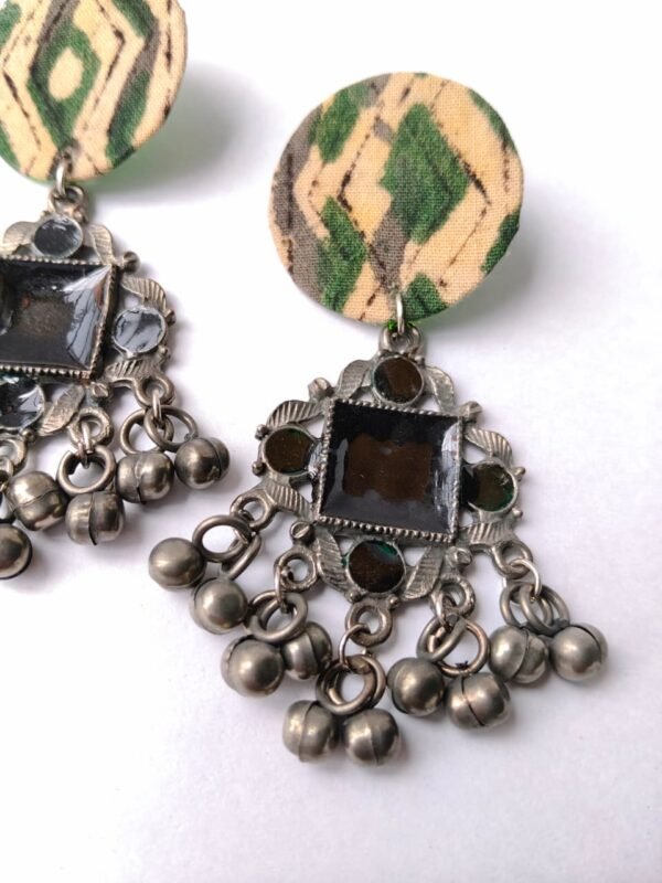 Ikat Fabric & Black Metal Chandelier Earrings