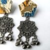 Batik Fabric & Black Polish Mandala Metal Chandelier Earrings