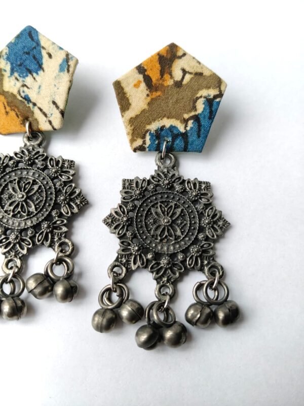 Batik Fabric & Black Polish Mandala Metal Chandelier Earrings