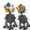 Batik Fabric & Black Polish Mandala Metal Chandelier Earrings