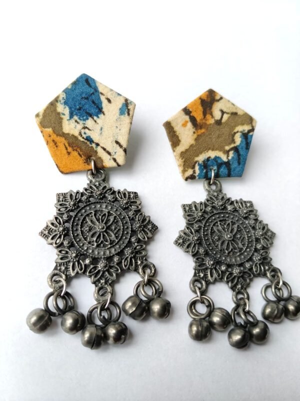 Batik Fabric & Black Polish Mandala Metal Chandelier Earrings