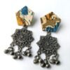 Batik Fabric & Black Polish Mandala Metal Chandelier Earrings