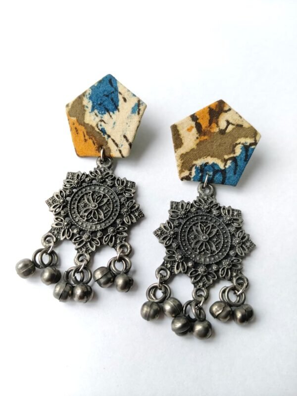 Batik Fabric & Black Polish Mandala Metal Chandelier Earrings