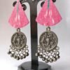 Pink Ikat Fabric & Black Polish Medallion Chandelier Earrings