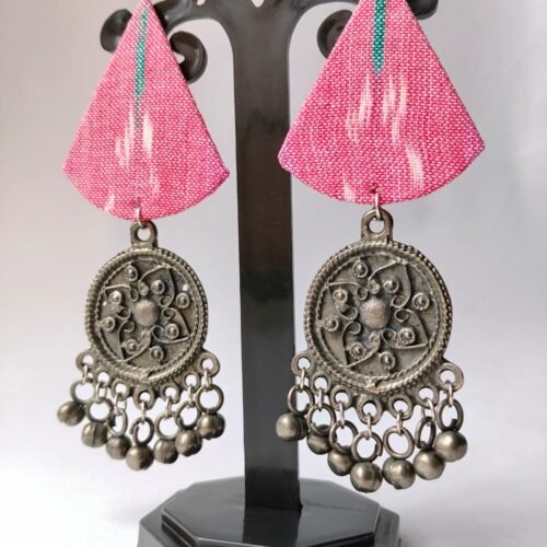 WhatsApp Image 2026-06-24 at 22.36.20 Pink Ikat Fabric & Black Polish Medallion Chandelier Earrings