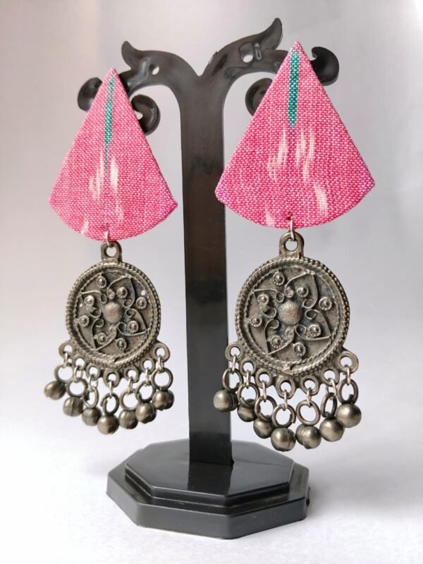 Pink Ikat Fabric & Black Polish Medallion Chandelier Earrings