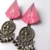 Pink Ikat Fabric & Black Polish Medallion Chandelier Earrings