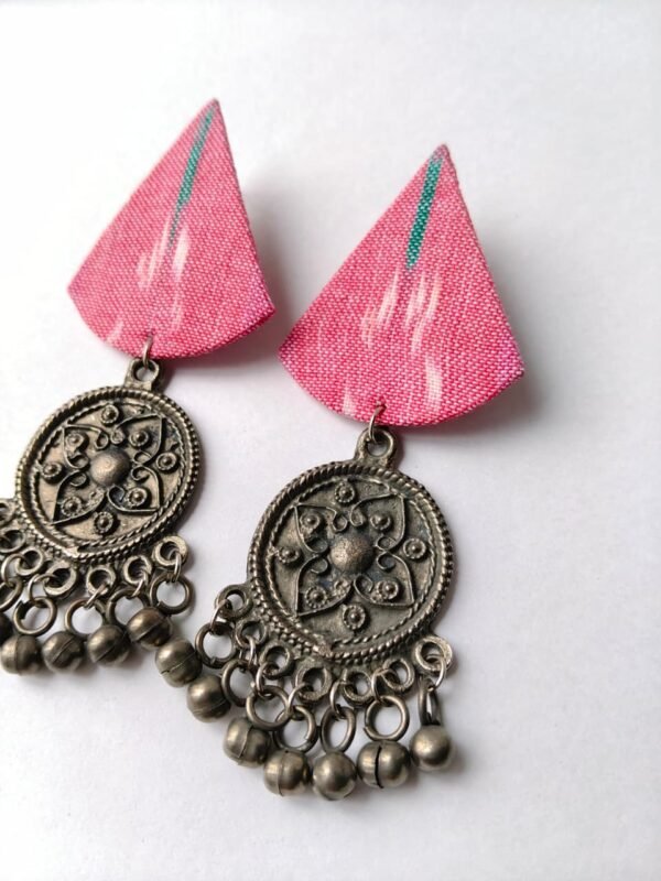 Pink Ikat Fabric & Black Polish Medallion Chandelier Earrings