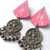 Pink Ikat Fabric & Black Polish Medallion Chandelier Earrings