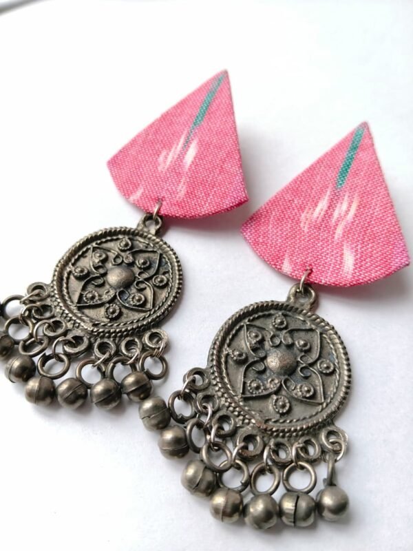 Pink Ikat Fabric & Black Polish Medallion Chandelier Earrings