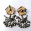 Batik Fabric & Oxidised Silver Bird Chandelier Earrings