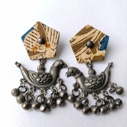 WhatsApp Image 2026-06-24 at 22.36.52 Batik Fabric & Oxidised Silver Bird Chandelier Earrings