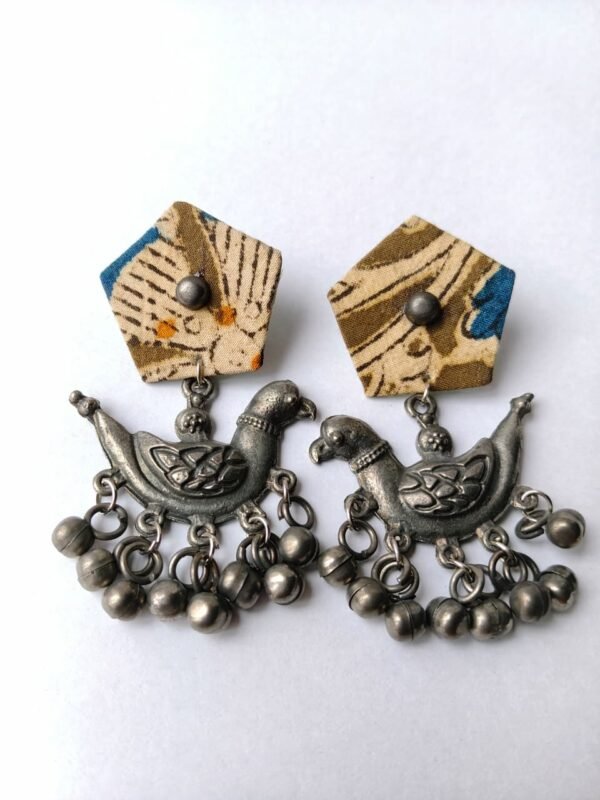 Batik Fabric & Oxidised Silver Bird Chandelier Earrings