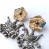 Batik Fabric & Oxidised Silver Bird Chandelier Earrings