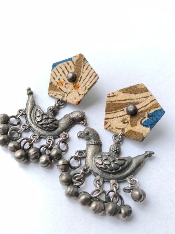 Batik Fabric & Oxidised Silver Bird Chandelier Earrings