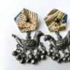 Batik Fabric & Oxidised Silver Bird Chandelier Earrings