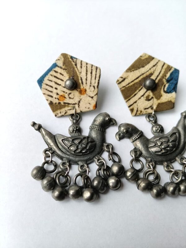 Batik Fabric & Oxidised Silver Bird Chandelier Earrings