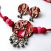 Batik Fabric Choker Set with Earrings — Pink Meenakari Metal
