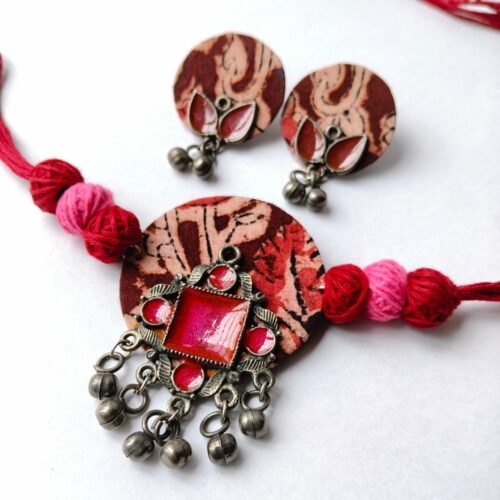 WhatsApp Image 2026-06-24 at 22.38.58 Batik Fabric Choker Set with Earrings — Pink Meenakari Metal
