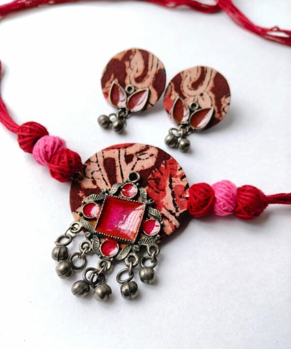 Batik Fabric Choker Set with Earrings — Pink Meenakari Metal