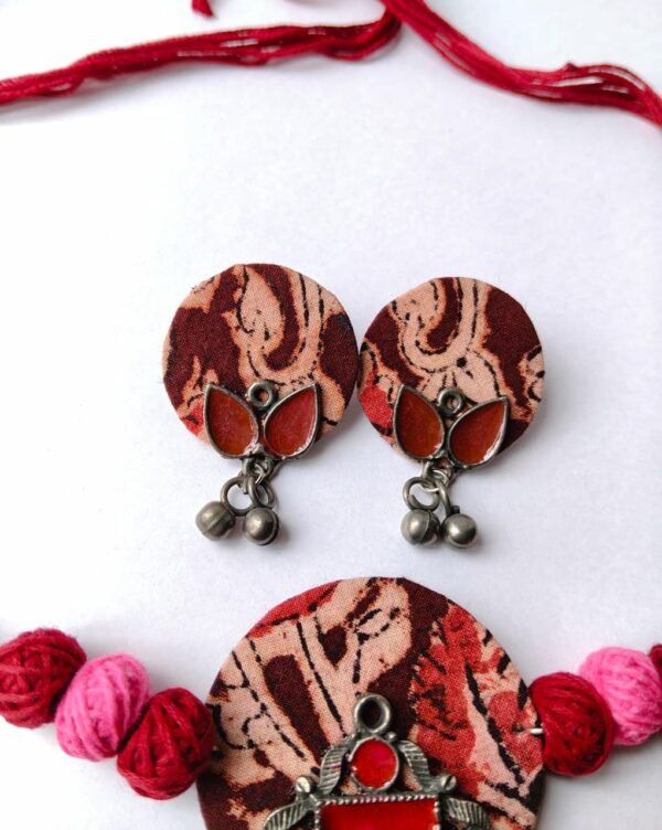 Batik Fabric Choker Set with Earrings — Pink Meenakari Metal