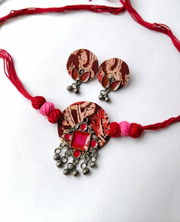 Batik Fabric Choker Set with Earrings — Pink Meenakari Metal