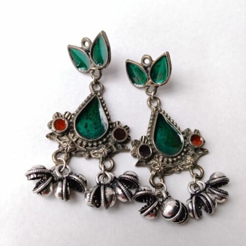 Black Polish Green Enamel Earrings with Silver Ghungroo Drops