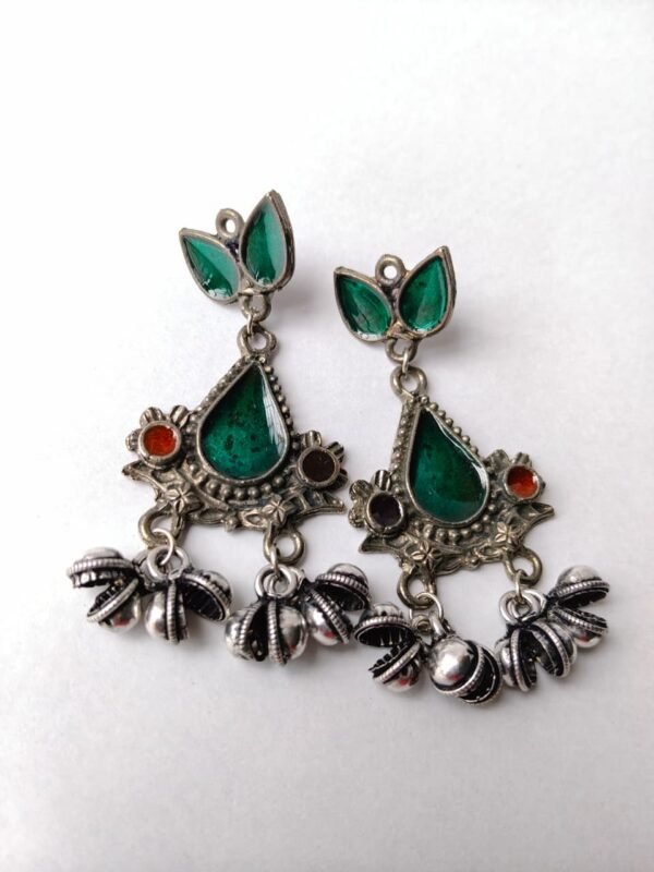Black Polish Green Enamel Earrings with Silver Ghungroo Drops