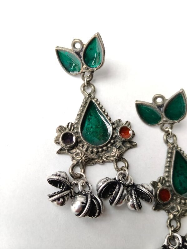 Black Polish Green Enamel Earrings with Silver Ghungroo Drops