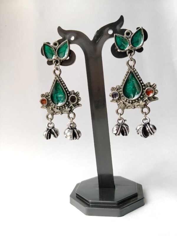Black Polish Green Enamel Earrings with Silver Ghungroo Drops