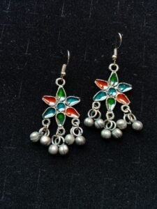 Oxidised Silver Multicolour Enamel Star Earrings with Ghungroo Drops