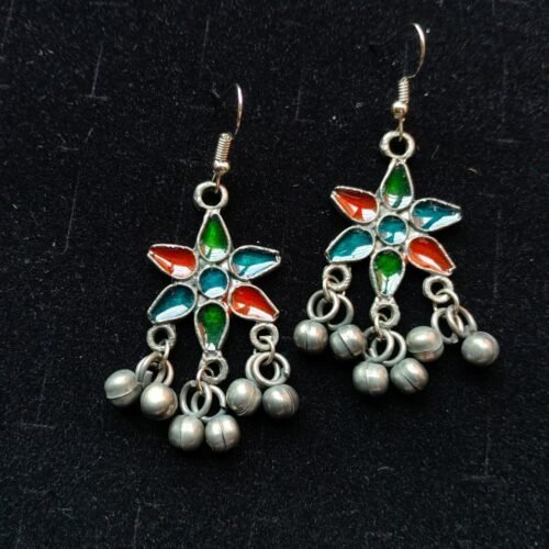 WhatsApp Image 2026-06-26 at 12.25.32 Oxidised Silver Multicolour Enamel Star Earrings with Ghungroo Drops