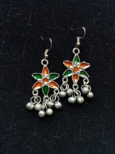 Oxidised Silver Green & Orange Enamel Star Earrings with Ghungroo Drops