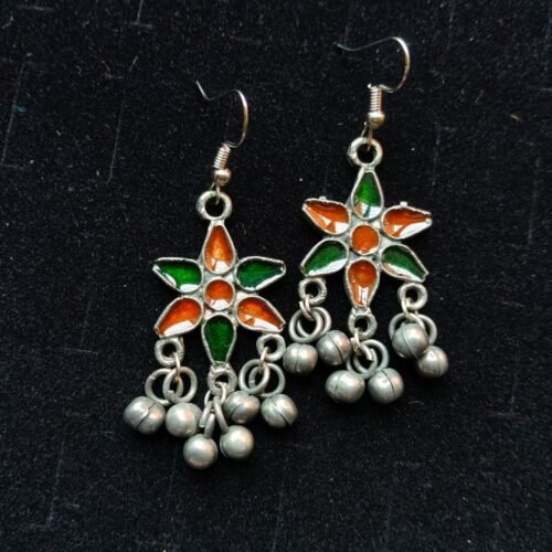 Oxidised Silver Green & Orange Enamel Star Earrings with Ghungroo Drops