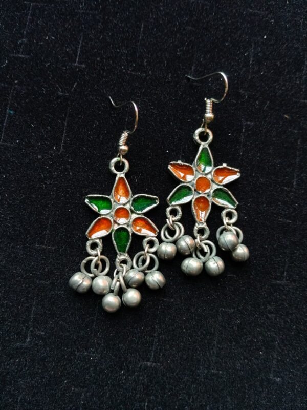 Oxidised Silver Green & Orange Enamel Star Earrings with Ghungroo Drops