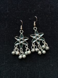 Black Polish Black Petal Star Earrings with Ghungroo Drops