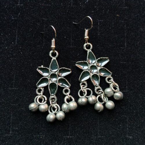 Black Polish Black Petal Star Earrings with Ghungroo Drops