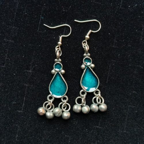 Black Polish Teal Meena Teardrop Earrings with Ghungroo Drops