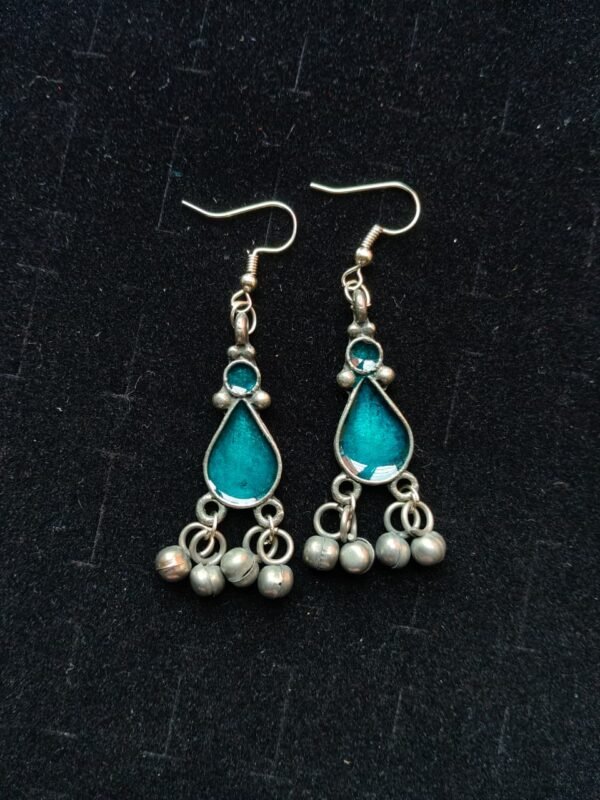 Black Polish Teal Meena Teardrop Earrings with Ghungroo Drops