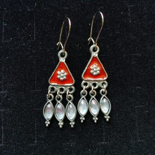Black Polish Rust Orange Meena Triangle Earrings with Marquise White Drops