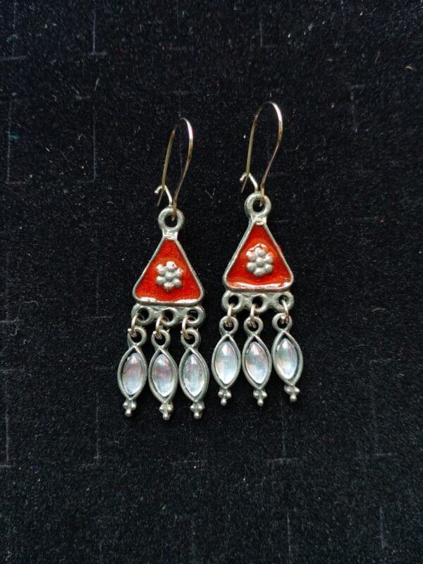 Black Polish Rust Orange Meena Triangle Earrings with Marquise White Drops