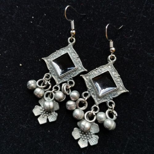Boho Black Diamond & Floral Ghungroo Earrings