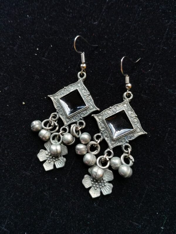Boho Black Diamond & Floral Ghungroo Earrings