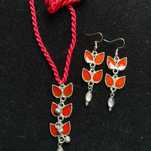 Red Enamel Cascading Leaf Necklace Set