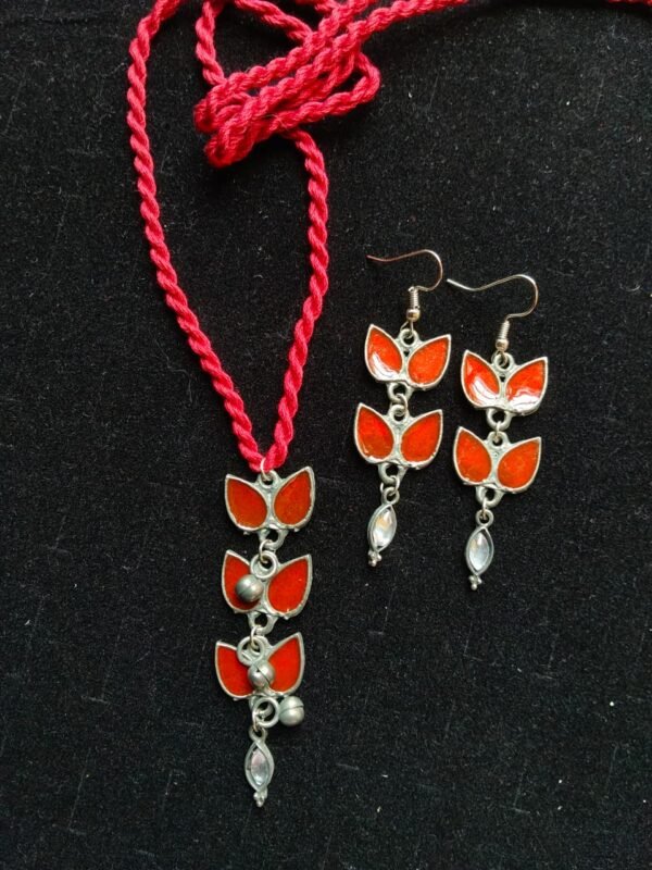 Red Enamel Cascading Leaf Necklace Set