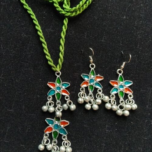 Boho Braided Green Thread & Blackpolished Floral Set