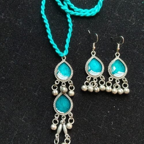 Boho Braided Teal Thread & Ghungroo Jewelry Set