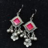 Boho Pink Square & Floral Ghungroo Earrings